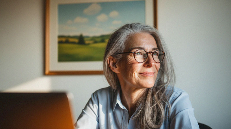 A middle-aged woman with long neat grey hair smiles and looks out a window in her office